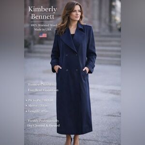 Kimberly Bennett Navy Blue Long Wool Coat | Size
10 | Made in USA